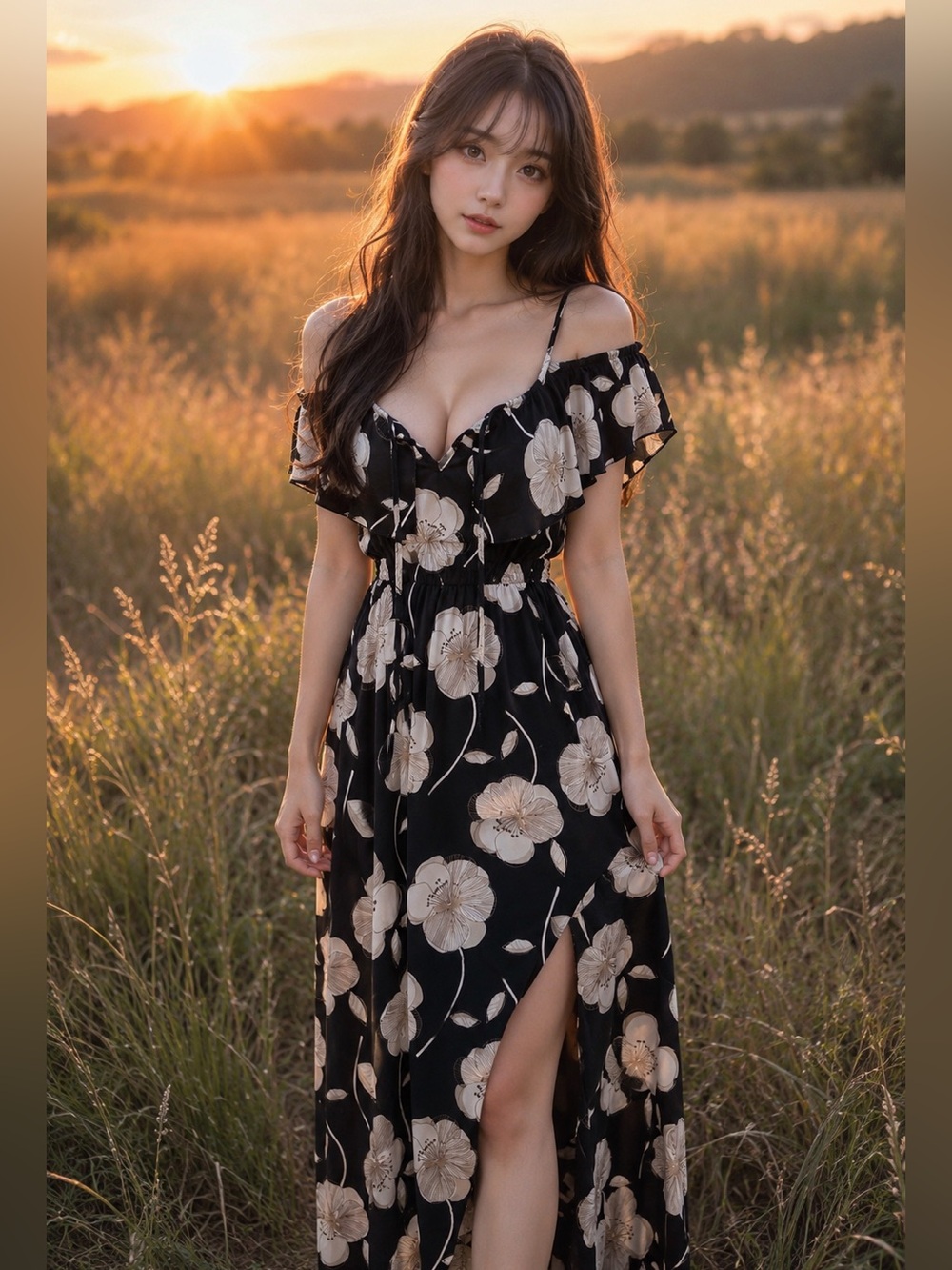 Where the Breeze Meets Blossoms cold shoulder flounce floral floaty maxi dress